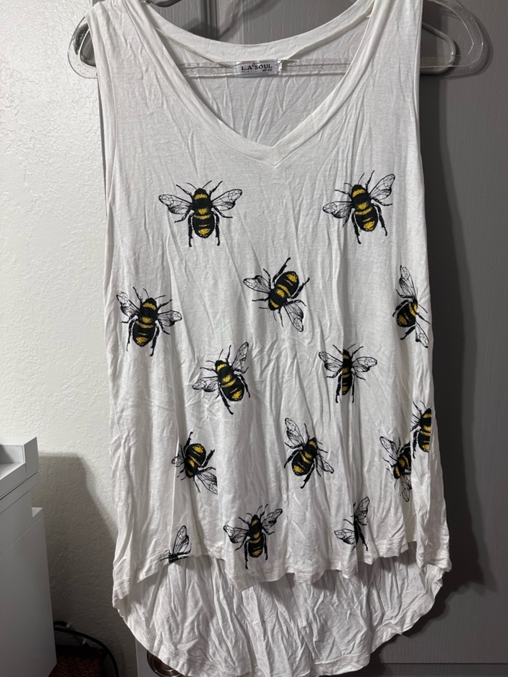 White Bee Print V-Neck Tank Top Hi-Lo style